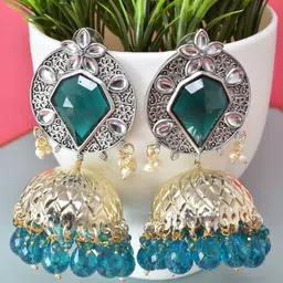 MEIRA JEWELLERY Silver-Plated Stones Studded & Beaded Oxidised Dome Shaped Jhumkas-picture-46