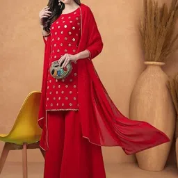 PARROT CREATION Geometric Embroidered Sequinned Georgette Kurti with Sharara And Dupatta-picture-19