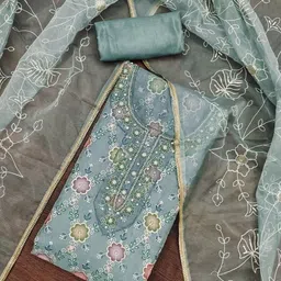 SAINOOR Floral Beads and Stones Embroidered Organza Semi-Stitched Dress Material-image-74