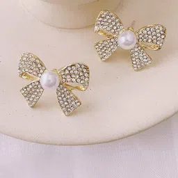 VAGHBHATT Gold-Plated Stones Studded & Pearls Beaded Bow Shaped Studs-12