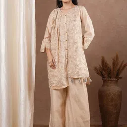 FASHOR Ethnic Motifs Embroidered Mirror Work V-Neck A-Line Kurta With Palazzos-image-5
