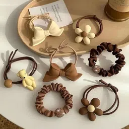 Radhya Accessories Women Set of 7 Ponytail Coffee Brown Hairties Set-image-14