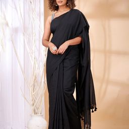 SRILOK Solid Black Pure Cotton Saree With Blouse Piece-image-88