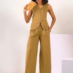 MABISH by Sonal Jain V-Neck Pure Cotton Waistcoat & Flared Trouser Co-Ords-picture-49
