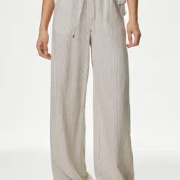 Marks & Spencer Women Striped High-Rise Trousers-image-63
