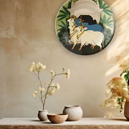 THE QUIRKY HOME Sacred Cows In Pichwai Green & White Printed Ceramic Wall Plate-image-92