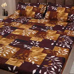 Adwitiya Brown & Yellow Tropical Printed 210 TC Double Queen Bedsheet with 2 Pillow Covers-image-78