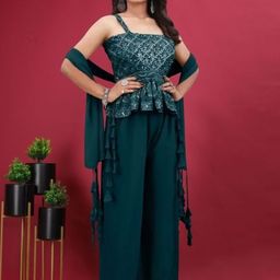 PARROT CREATION Floral Embroidered Sequinned Kurti With Sharara And Dupatta image 2