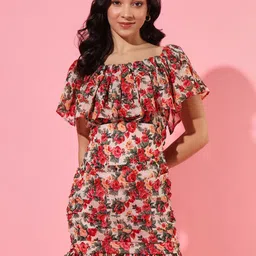 BAESD Floral Print Off-Shoulder Flutter Sleeve Georgette Bodycon Mini Dress-24