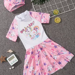 YK Girls Printed Round Neck Swim Dress With Swim Cap-image-19