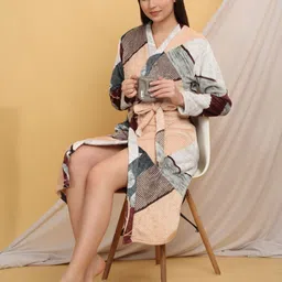 Arrabi Beige & Brown Abstract Printed Bath Robe With Pockets-9