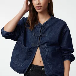 Trendyol Women Collarless Solid Cotton Casual Denim Jacket-image-72