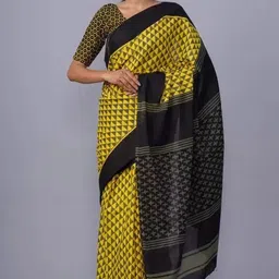 TROPWEAR Linen Blend Handloom Block Print Saree-image-8