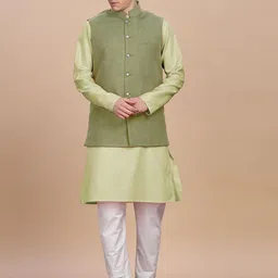 Anouk Mandarin Collar Straight Kurta With Pyjama & Nehru Jacket-0