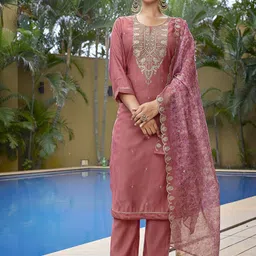 DIVASTRI Women Ethnic Motifs Embroidered Regular Sequinned Chanderi Silk Kurta with Trousers & With Dupatta-28
