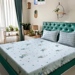 KLOTTHE Grey And Blue Floral Printed Cotton 400 TC Double Bedsheet Set 2.50 m x 2.20 m-picture-11
