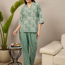 July Women Floral Printed Lapel Collar Pure Cotton Kurti Pyjamas Night suit-picture-45