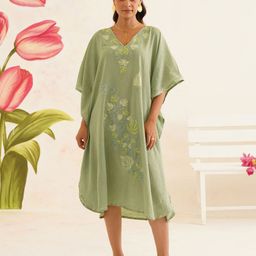 Kashmir Box Kashmiri Aari Embroidery Sage Green Cotton Kaftan Dress-image-17