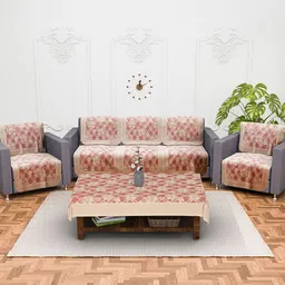 Kuber Industries Maroon & Beige 11 Pieces Flower Design Cotton 5 Seater Sofa Covers-image-82