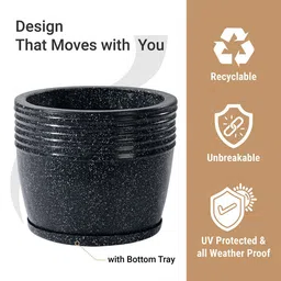 Kuber Industries 3Pcs Black Textured Roto Mould Flower Planters With Tray image 2