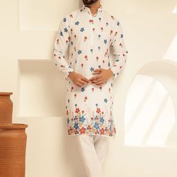 SOJANYA Men Ethnic Motifs Embroidered Regular Thread Work Pure Cotton Kurta with Pyjamas-3