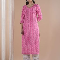 FASHOR Floral Printed Notch Neck Pure Cotton Straight Kurta-52