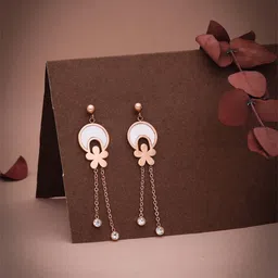 Brado Jewellery Rose Gold-Plated American Diamond Studded Floral Shaped Drop Earrings-image-38