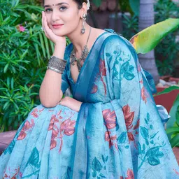 Anouk Rustic Floral Zari Block Print Saree image 4