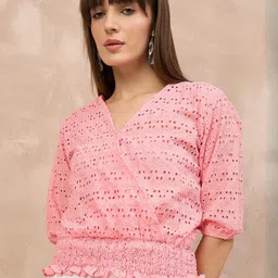 Moda Rapido Women Embroidered Puff Sleeve Cotton Wrap Top-picture-22