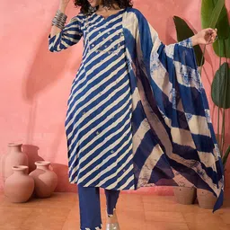 Sangria Printed Pure Cotton Straight Kurta With Trousers & Dupatta Sets-image-83
