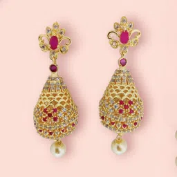 Opal Touch Gold-Plated Artificial Stones Studded & Beaded Teardrop Shaped Drop Earrings image 2