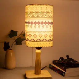 green girgit Cream-Coloured Printed Wood Cylindrical Shaped Table Lamp with Bulb-23