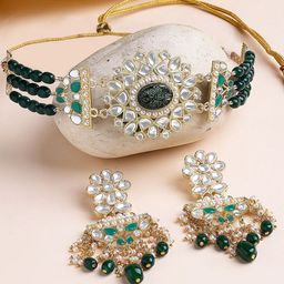 KARATCART Women Gold-Plated Kundan Studded Choker Necklace & Earrings Set-picture-23