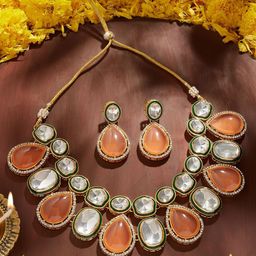 Zaveri Pearls Gold-Plated Austrian Diamonds Stone-Studded Meenakari Jewellery Set-11