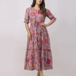 Aawari Women Cotton Floral Printed V-Neck A-Line Midi Dress-picture-16