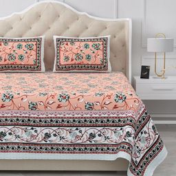 BELLA CASA Peach-Coloured & Blue Floral 180 TC King Bedsheet with 2 Pillow Covers-image-89