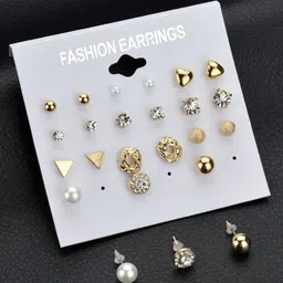 Celestique Set Of 12 Gold-Plated Artificial Stones Studded Contemporary Shaped Studs-8
