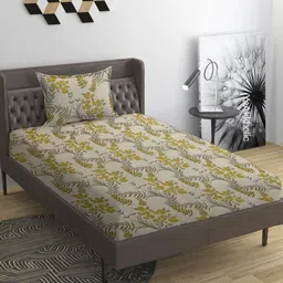 YaAkholic Grey & Green Floral 210 TC Single Bedsheet with 1 Pillow Covers-image-33