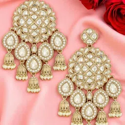 OOMPH Women Floral Gold Kundan Jadau Drop Earrings with Small Jhumki-17