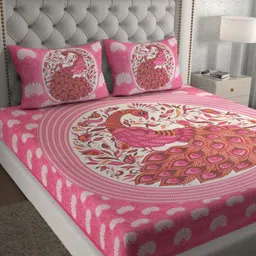 Aura Pink & White Ethnic Motifs Pure Cotton 120 TC Queen Bedsheet Set  2.35 x 2.15 Mts-image-66