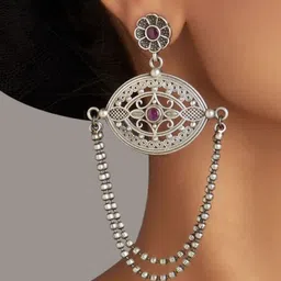Dulcett Silver-Plated Artificial Stones Studded Oval Shaped Drop Earrings-15