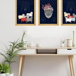 Indianara Navy Blue & Grey 3 Piece Canvas Abstract Wall Paintings-picture-7