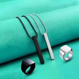 Stylish Silver- Black 3D Vertical Bar pendant Locket with finger ring set Black Silver Stainless Steel Pendant Set-26