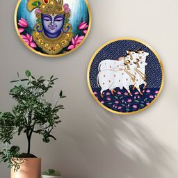 ArtVibes Blue & White Set Of 2 Printed Pichwai Round Shape Wooden Wall Hanging-1