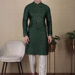 PulseIQ Men Green Art Silk Kurta Sets-image-78
