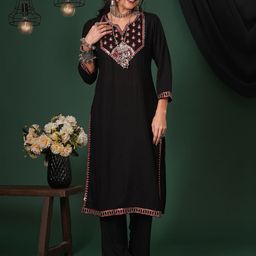 Globus Black Women Floral Embroidered Regular Sequinned Straight Kurta with Trouser-image-91