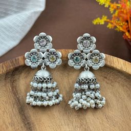 NAMAN ARTS Silver-Plated Stones Studded & Beaded Oxidised Dome Shaped Jhumkas-picture-32