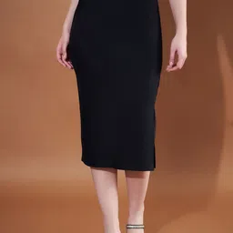 Purple Feather Ribbed Stretchable Side Slit Midi Skirt-picture-15