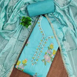 HMP Fashion Floral Embroidered Thread Work Pure Cotton Unstitched Dress Material-image-93