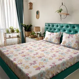 Arrabi Beige & Purple Floral 300 TC King Bedsheet with 2 Pillow Covers-93